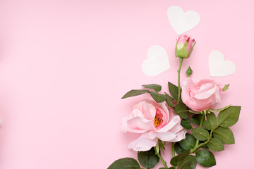 Fototapeta na wymiar pink roses with heart shape on pink background. copy space