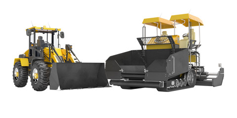 Construction road machinery yellow tracked paver and wheeled bulldozer 3d rendering on white background no shadow