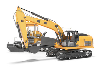 Group of orange road construction machinery crawler bulldozer and tracked paver 3D rendering on white background with shadow