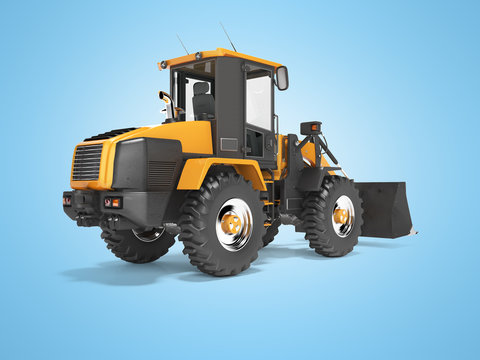 Orange road frontal loader 3D rendering on blue background with shadow