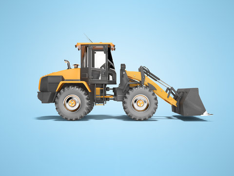 Orange road car wheel bulldozer 3D rendering on blue background with shadow