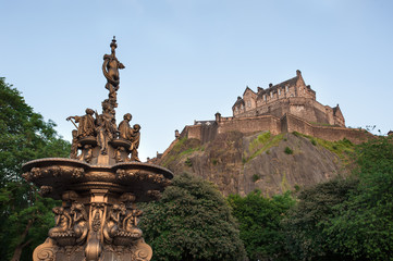Edinburgh Castle seen from West Princes Street Gardens with the Ross Fountain in the foreground