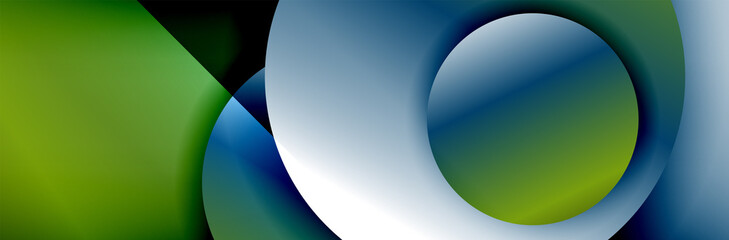 Dynamic trendy geometrical abstract background. Circles, round shapes 3d shadow effects and fluid gradients. Modern overlapping round forms