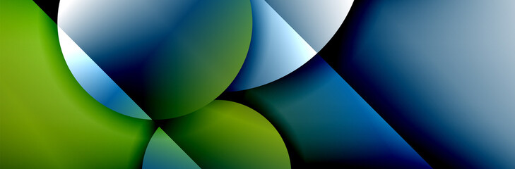 Dynamic trendy geometrical abstract background. Circles, round shapes 3d shadow effects and fluid gradients. Modern overlapping round forms