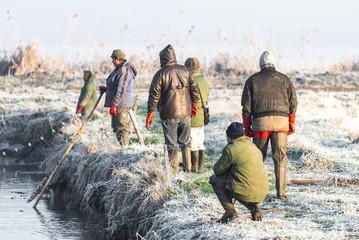Naklejka premium Several fishermen pull in his nets full of fish during the winter period
