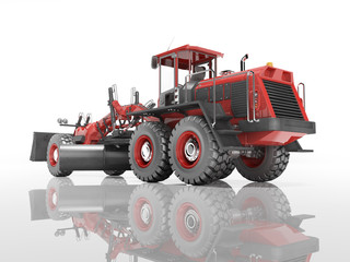 Red grader for dumping and leveling the road back view 3D rendering on white background with shadow
