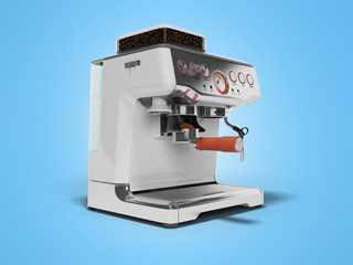 3D rendering metal home coffee machine with water tank on blue background with shadow