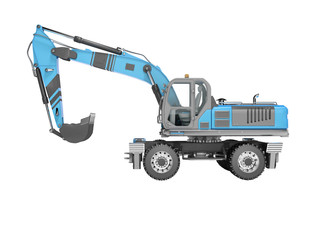 3D rendering of blue hydraulic wheel excavator on white background no shadow