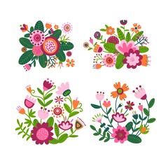 Set of floral bouquet of fantasy folk flowers. Botanical Illustration on white. Summer or spring motif for embroidery, greeting card, wedding decoration.