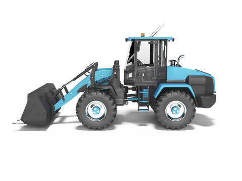 Blue large road frontal loader side view 3D rendering on white background with shadow