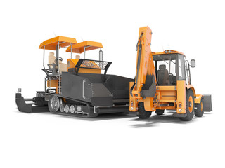 Orange wheeled tractor with bucket at the back and tracked paver in front 3D rendering on white background with shadow