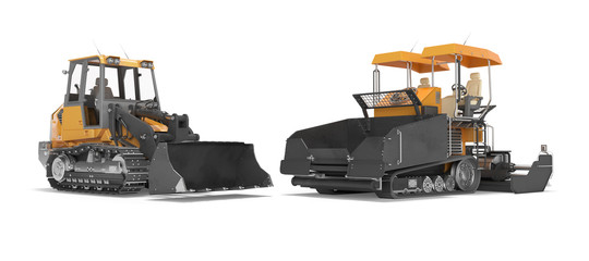 Road construction machinery tracked paver and tracked bulldozer 3D rendering on white background with shadow © Marianna