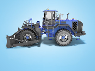 Fototapeta na wymiar Dark blue wheel bulldozer for working with stones 3D rendering on blue background with shadow