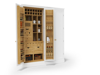 3D rendering wooden organizer cabinet for appliances in the kitchen isolated on white background with shadow
