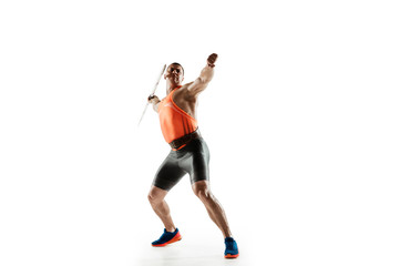 Obraz na płótnie Canvas Male athlete practicing in throwing javelin isolated on white studio background. Professional sportsman training in motion, action. Concept of healthy lifestyle, movement, activity. Copyspace.