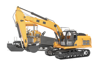 Group of orange road construction machinery crawler bulldozer and tracked paver 3D rendering on white background no shadow