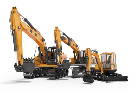Group of orange excavator 3D rendering on white background with shadow