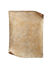 Aged old worn out light brown beige orange vertical blank parchment background texture.Ancient antique rustic grungy retro manuscript scroll template watercolor fresco paper isolated on white.