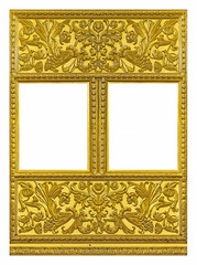 Double golden frame (diptych) for paintings, mirrors or photos isolated on white background