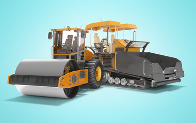 Road construction machinery orange asphalt spreader machine and road roller 3D rendering on blue background with shadow