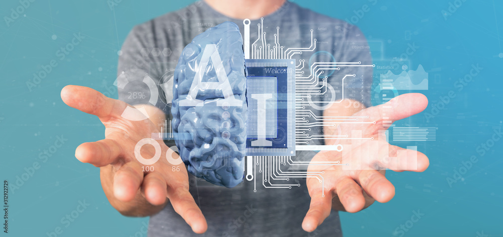 Wall mural business man holding artificial intelligence icon with half brain and half circuit 3d rendering