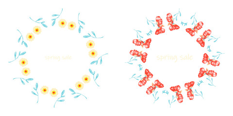 poster Spring sales on a floral watercolor background. ?ard, label, flyer, banner design element. Vector illustration