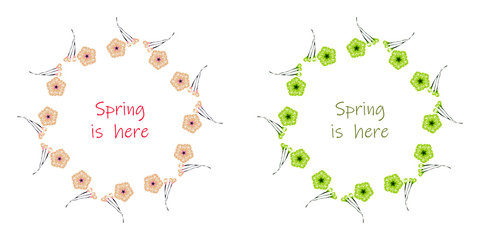 Vector floral set.Colorful purple floral collection with leaves and flowers,drawing watercolor. Spring is here text