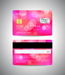 Vector credit cards set with colorful pink abstract design background with bokeh lights