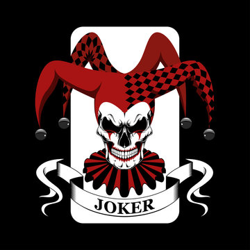 Vector image skull joker. Joker in a hat with bells and frills.
