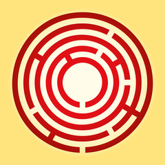 Colored tiny circular maze. Red radial labyrinth over yellow background. Find a route to the centre, follow the path from the entrance to the goal. Illustration. Vector.
