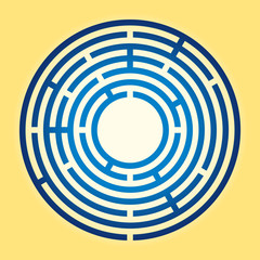 Colored small circular maze. Blue radial labyrinth over yellow background. Find a route to the centre, follow the path from the entrance to the goal. Illustration. Vector.