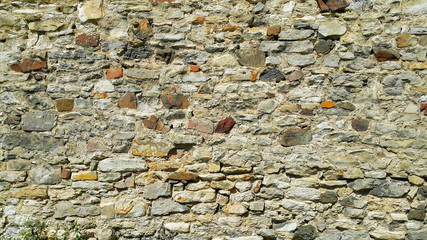 Texture of ancient wall with stones, cobblestones and bricks