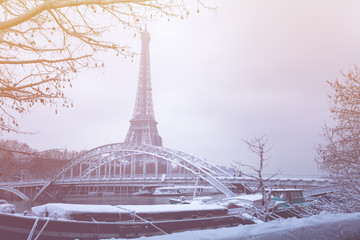 Eifel tower an Passerelle Debilly under snow,Paris