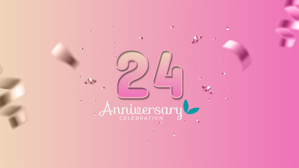 24th anniversary. Gradient pink and yellow Numbers with sparkling confetti. Modern elegant gradient background design vector EPS 10. For wedding party or company event decoration.