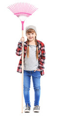 Little girl with rake for autumn leaves clean-up on white background