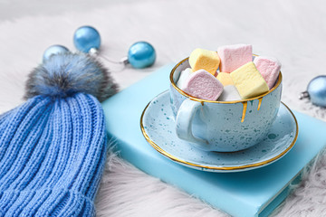 Beautiful Christmas composition with hot chocolate on light background