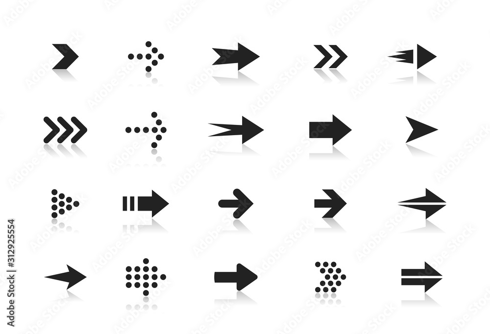 Poster Arrows black and white vector icons set. Pointers in circle and rectangle isolated symbols pack. Next, forward, previous buttons monochrome signs bundle. Cursors pictograms collection
