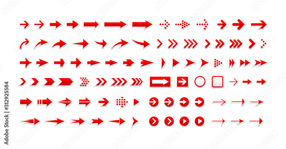 Poster Arrows vector icons set, right pointers pack. Next, forward, previous buttons red signs bundle. Cursors pictograms collection