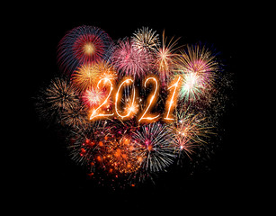 Happy new year greeting card with 2021 golden numbers and fireworks series on dark background with...