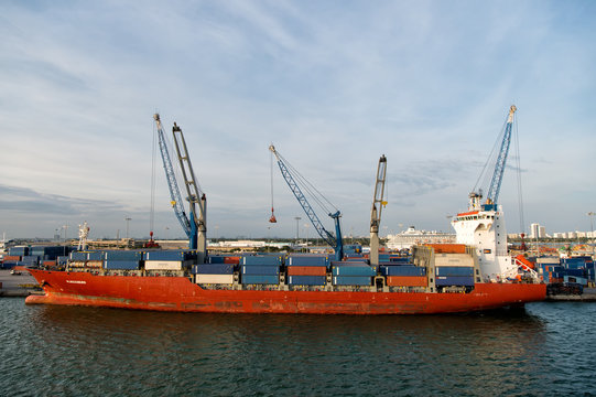 big cargo ship or barge with many shipping container