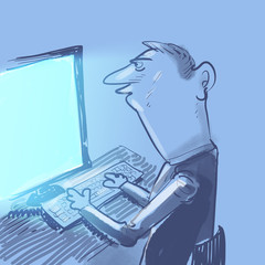 computer operator is working front of the screen. cartoon style illustration.