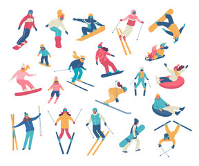 Fototapeta na wymiar Winter activities. Vector illustration of happy cartoon skiers, snowboarders and tubing people. Isolated on white