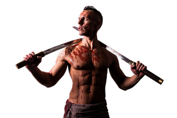 A man with two katanas in his hands, in the blood of the enemy. Isolated on a white background.