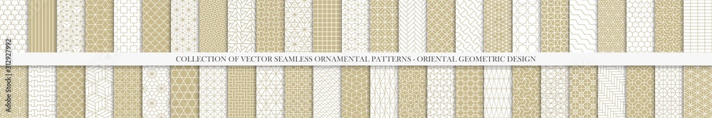 Poster collection of seamless geometric ornamental vector patterns. grid oriental backgrounds. vintage whit