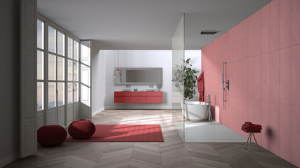 Spacious bathroom in red tones with parquet floors, panoramic window, walk-in shower and freestanding tub, carpet with poufs, double sink, potted plant, minimalist interior design