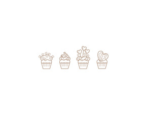 Vector set of line art cupcakes, isolated. Outline icon, romantic symbol.