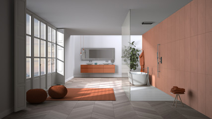 Obraz na płótnie Canvas Spacious bathroom in orange tones with parquet floors, panoramic window, walk-in shower and freestanding tub, carpet with poufs, double sink, potted plant, minimalist interior design