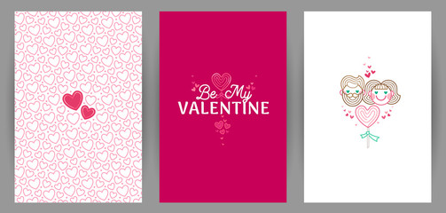Vector greeting cards set on Valentine's Day, hearts decoration.