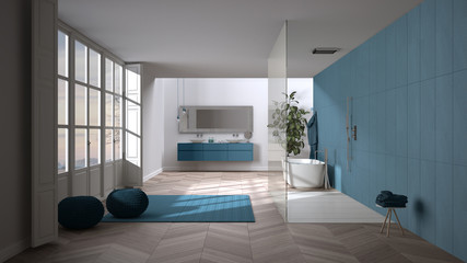 Spacious bathroom in blue tones with parquet floors, panoramic window, walk-in shower and freestanding tub, carpet with poufs, double sink, potted plant, minimalist interior design