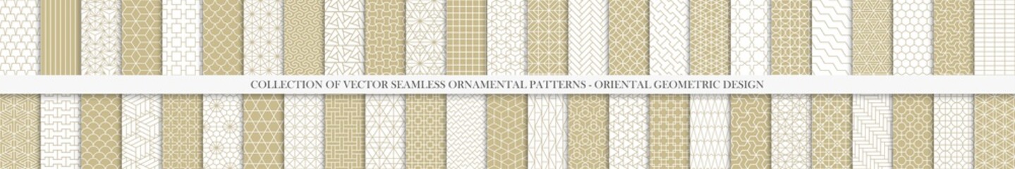 Collection of seamless geometric ornamental vector patterns. Grid oriental backgrounds. Vintage white and beige design